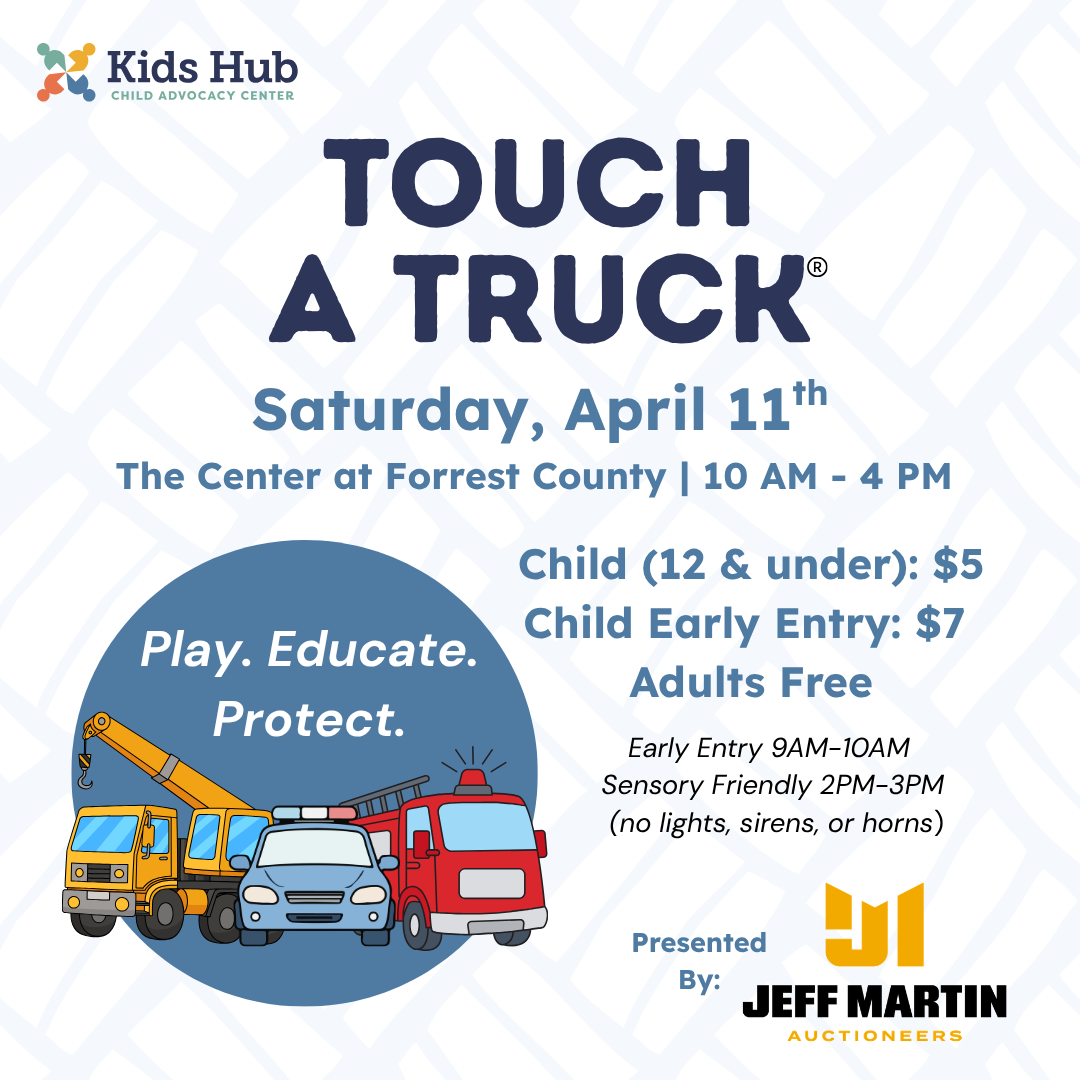 Graphic for Kids Hub Advocacy Center’s Touch a Truck event shows the date, ticket prices, location and the organization’s logo.