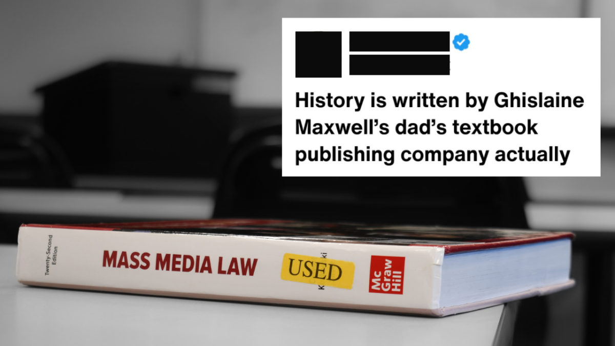 A McGraw-Hill textbook on a classroom desk next to a screenshot of a social media post claiming Robert Maxwell was connected to the publisher.