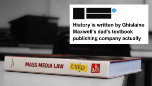 A McGraw-Hill textbook on a classroom desk next to a screenshot of a social media post claiming Robert Maxwell was connected to the publisher.