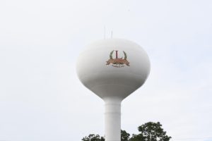 A white water tower bearing the City of Lucedale logo stands against a cloudy sky.