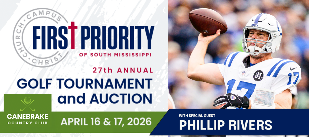 Promotional poster for First Priority of South Mississippi’s 27th annual golf tournament and auction with dates, location and guest speaker Philip Rivers.