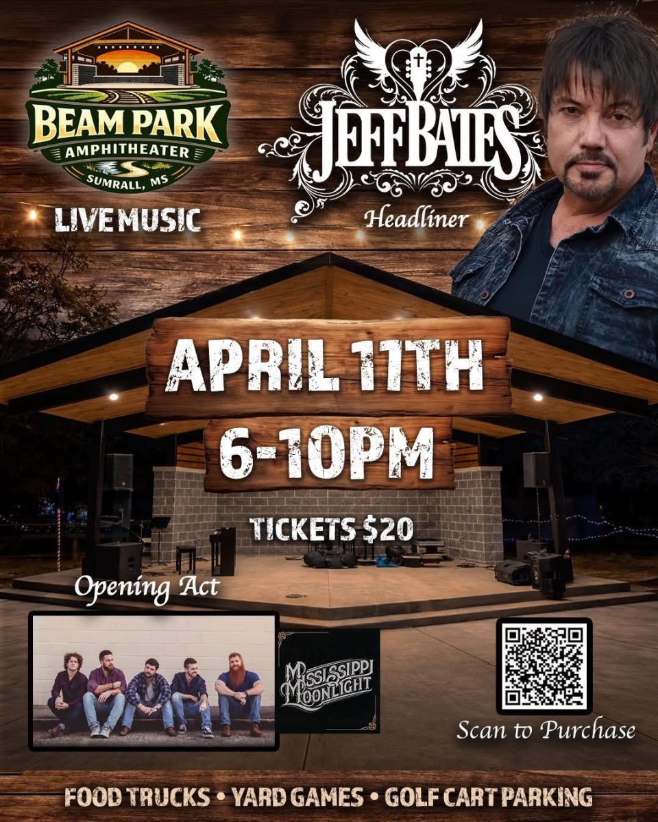 Promotional poster for the Jeff Bates concert in Sumrall with location, date, opening act and other event details.