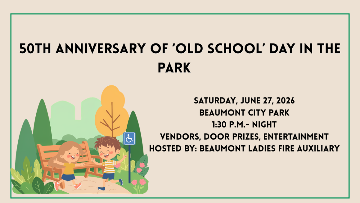 Promotional graphic for the 50th anniversary of Beaumont’s Old School Day in the Park on Saturday, June 27, 2026, at Beaumont City Park. The graphic includes event details, a cartoon park scene with two children near a bench, and the Beaumont Ladies Fire Auxiliary listed as host.