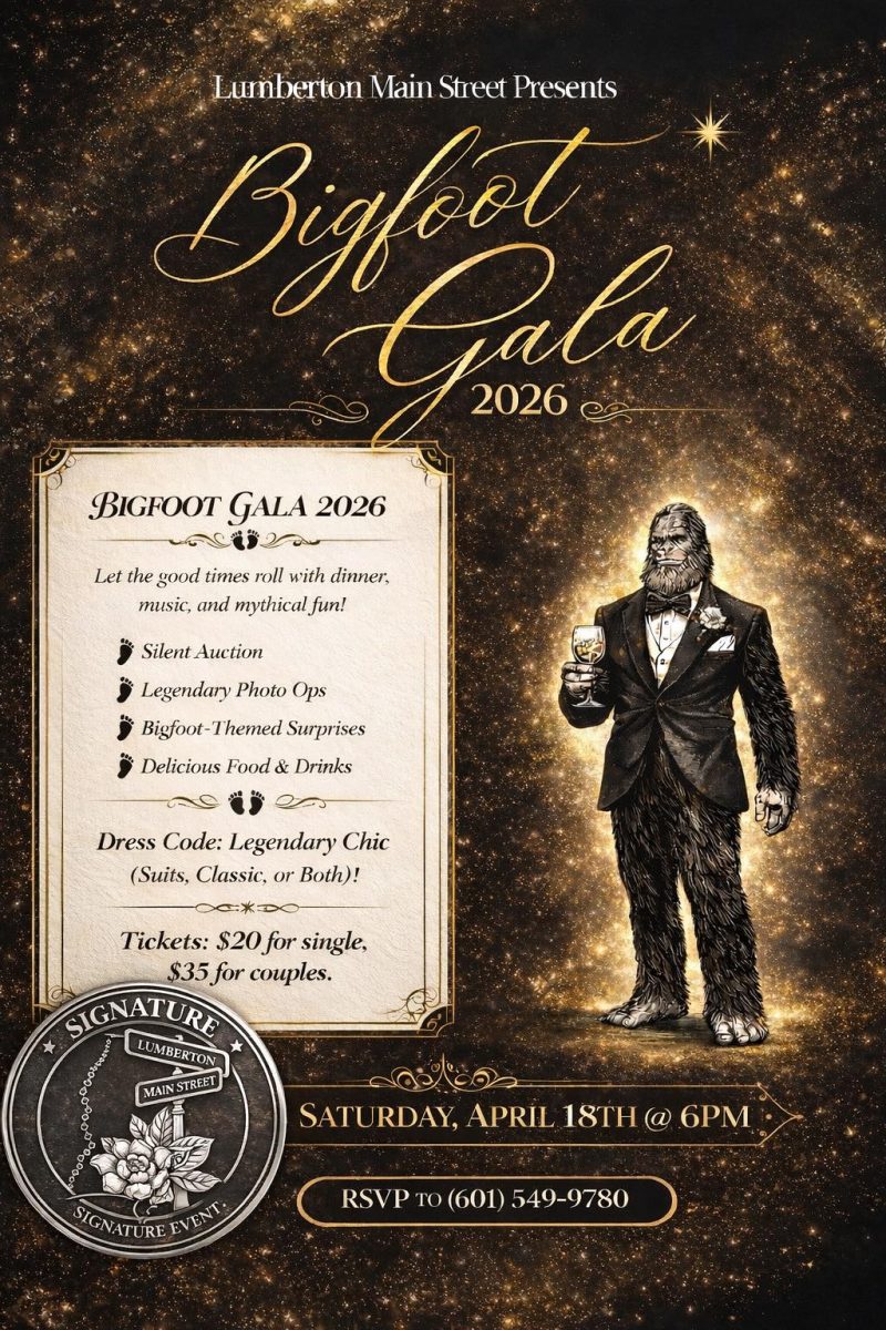 Poster for Lumberton Main Street’s 2026 Bigfoot Gala. The design shows a tuxedo-wearing Bigfoot holding a drink against a gold-and-black glitter background. Text lists a silent auction, photo opportunities, Bigfoot-themed surprises, food and drinks, a “legendary chic” dress code, ticket prices of $20 for singles and $35 for couples, and an RSVP phone number