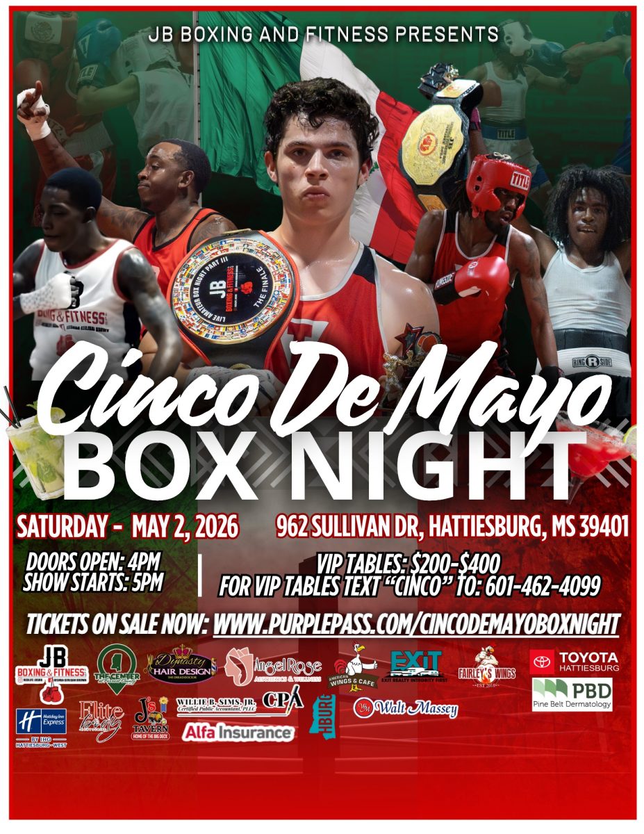 Promotional flyer promoting ‘Cinco De Mayo Box Night’ happening May 2. Includes details on start time, location, tickets, and sponsors.