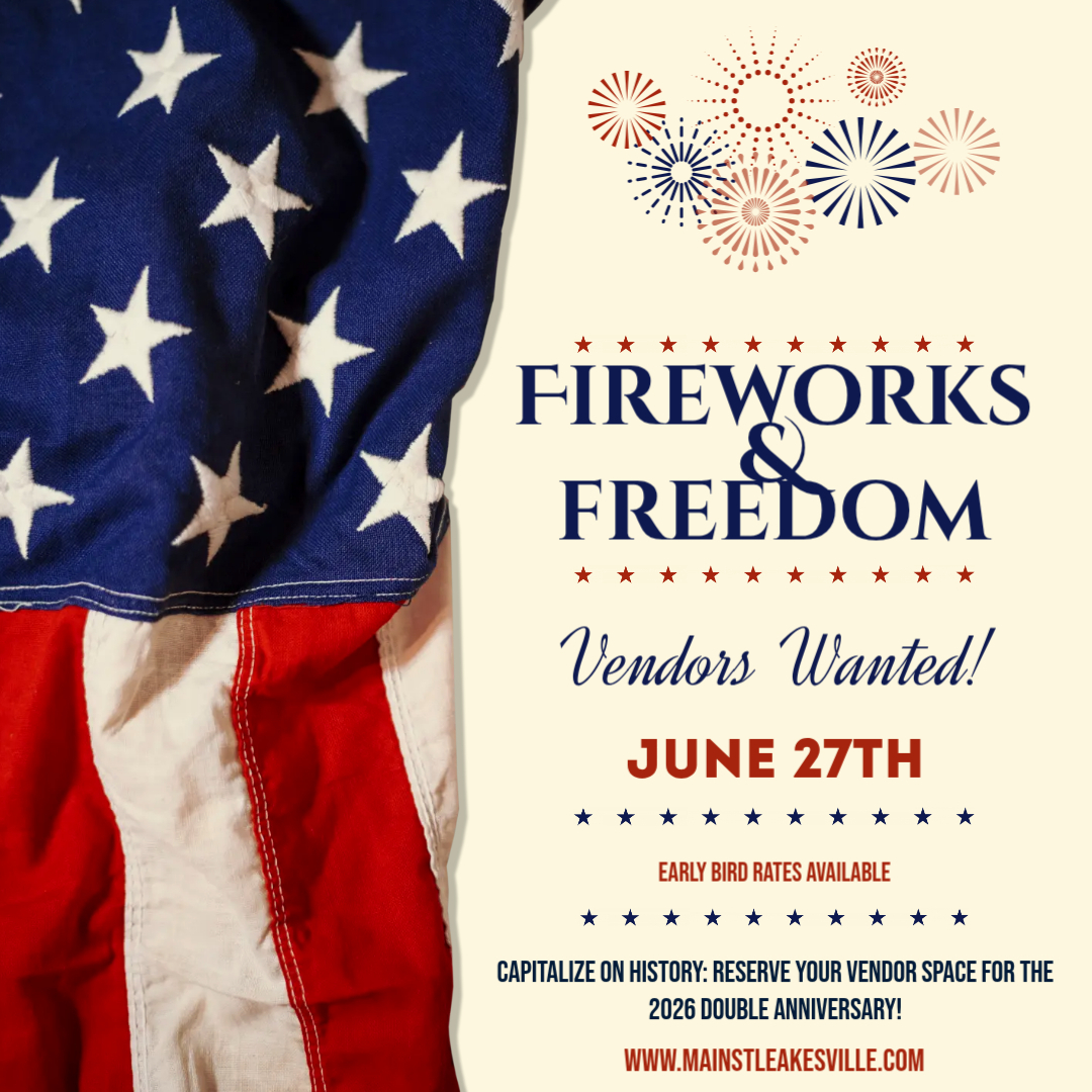 Poster for Fireworks and Freedom featuring an American flag on the left side and bold text listing the event title, the June 27 event date and a website in blue and red font.