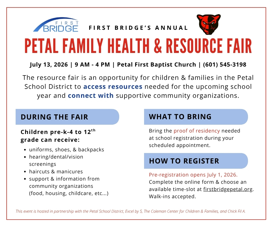 Promotional flyer for First Bridge’s resource fair for families in the Petal School District.