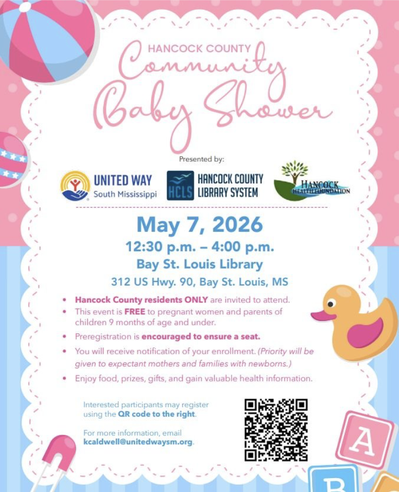 Poster shows a light blue and light pink background and a white square where event information is featured, alongside the sponsors, a rubber duck drawing and beach ball.