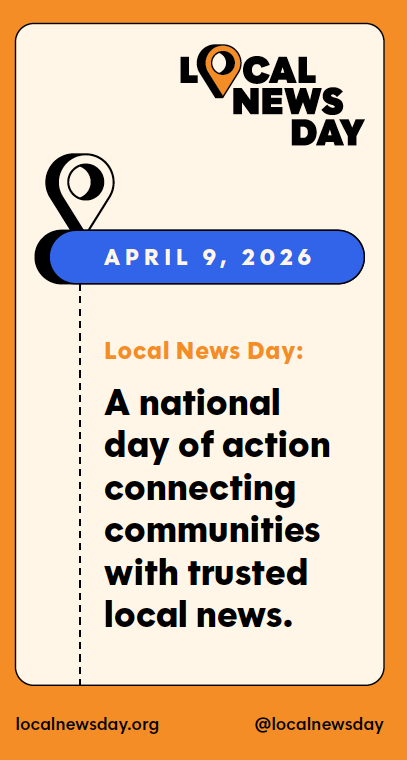 An orange and beige promotional graphic with black and orange lettering, plus a location pin and dotted lines, describing the event’s purpose, website and social media tags at the bottom