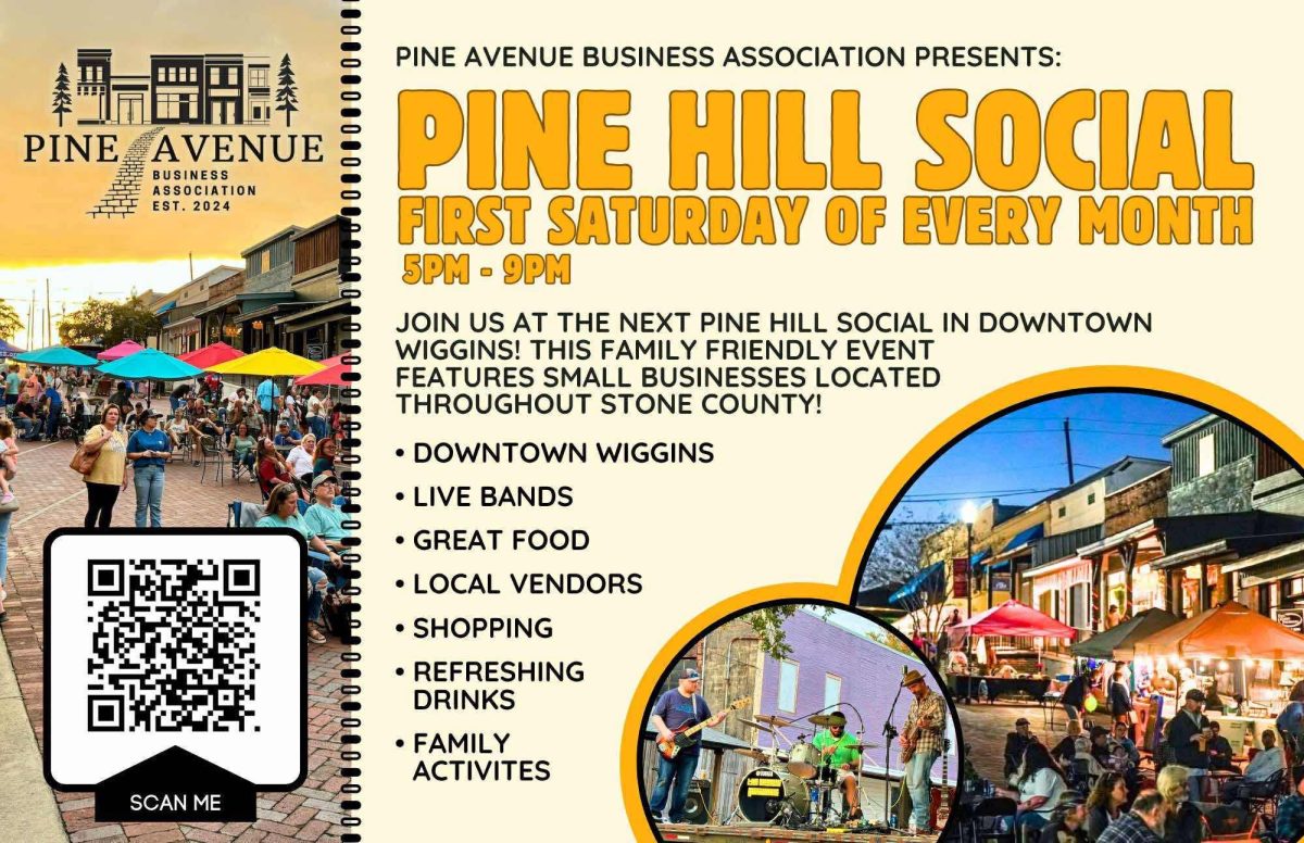 Bright, high-energy poster for Pine Hill Social listing events and activities in black font.