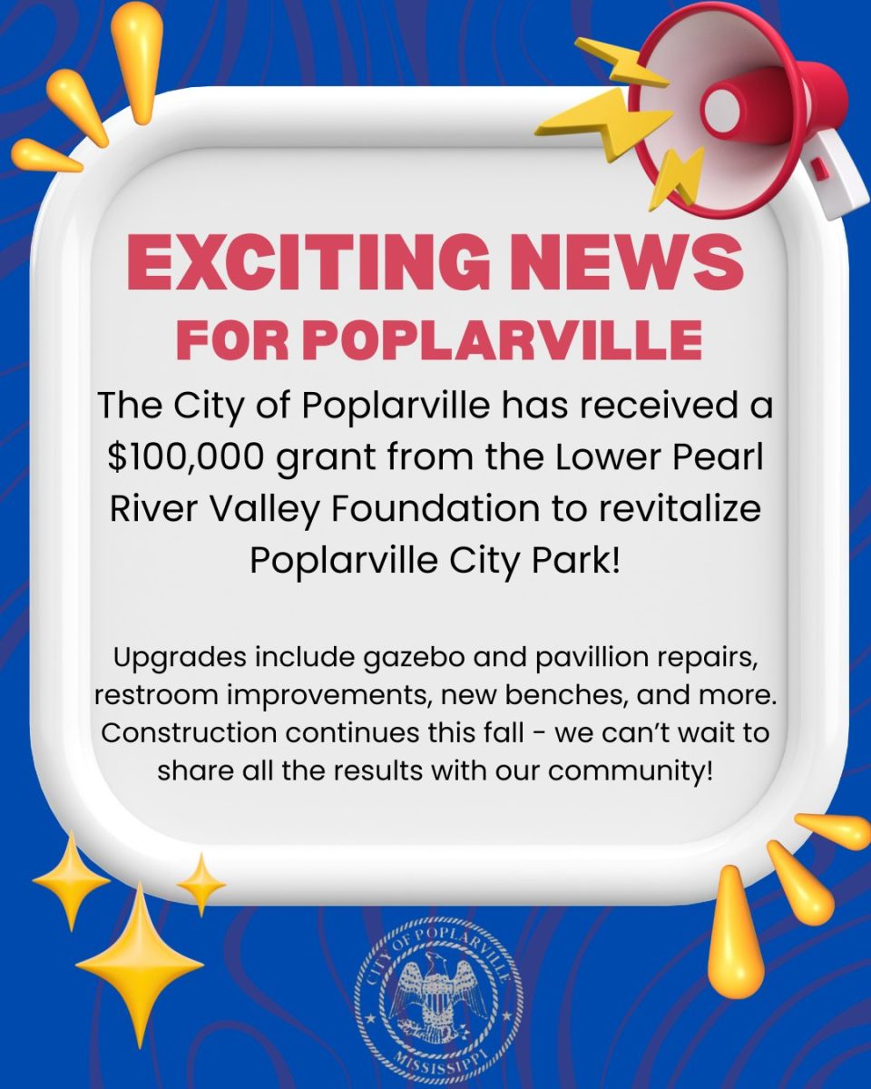 A blue graphic with 3D emojis highlights new updates planned for Poplarville City Park.