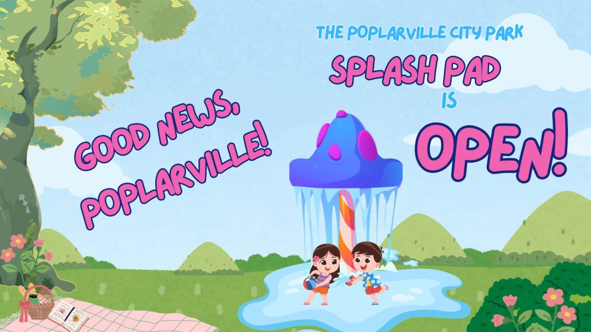 A notice about the Poplarville City Park splash pad opening, showing a cartoon boy and girl playing beneath a colorful splash pad feature.