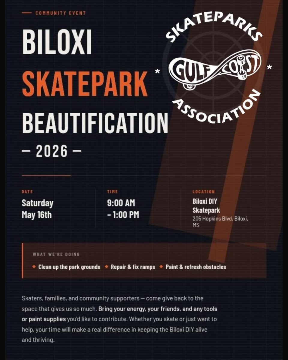 Promotional flyer for “Biloxi Skatepark Beautification Day” happening Sat. May 16 from 9 a.m. - 1 p.m., includes details on what to do and what to bring.