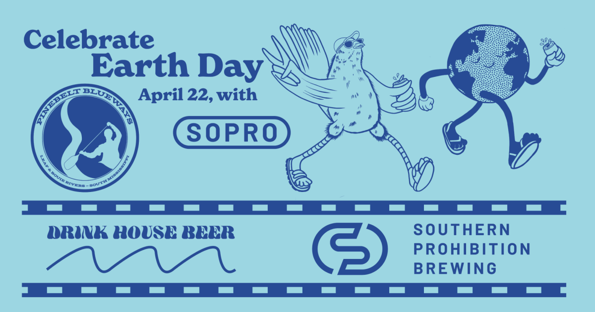 A promotional graphic invites the community to celebrate Earth Day on April 22 with Southern Prohibition Brewing, featuring illustrated characters of a bird and the Earth walking together, along with event details.