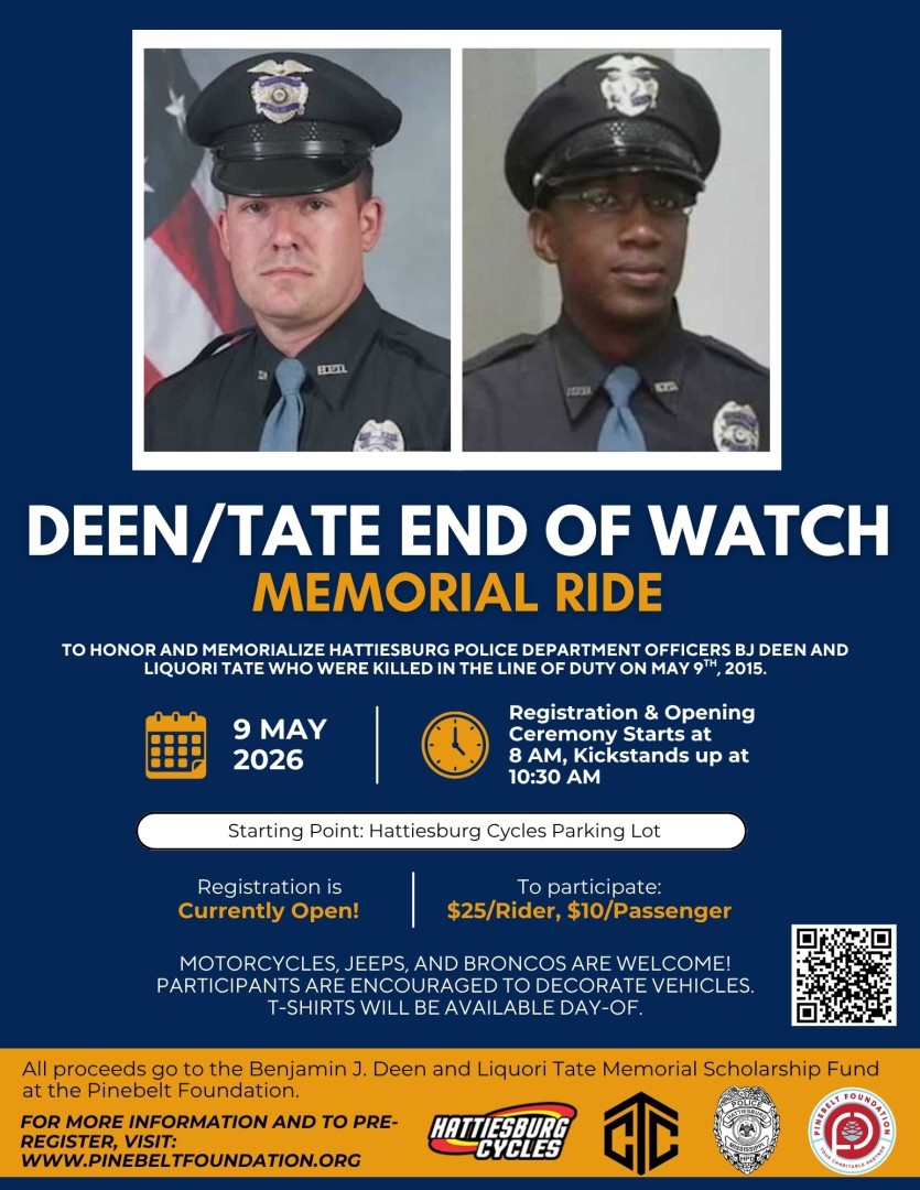 Memorial Flyer showing photos of two uniformed officers with event details for May 9 including registration time, starting location at Hattiesburg Cycles, patriation costs, and information about supporting a scholarship fund.