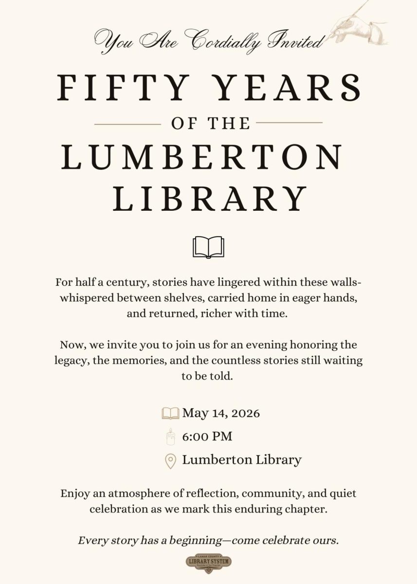 A digital invitation “Fifty Years of the Lumberton Library”, with event details including May 14, 2026 at the Lumberton Library, inviting the community to celebrate the library's history and legacy.
