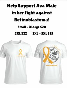 A fundraising flyer shows white T-shirts with a gold ribbon design and text supporting Ava Maie’s fight against retinoblastoma.