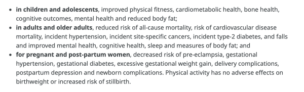 List showing health benefits of exercise for children, adults and pregnant women.
