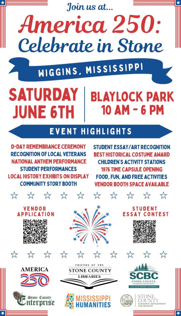 Flyer for “America 250: Celebrate in Stone” shows the June 6 event at Blaylock Park in Wiggins, including hours, highlights, QR codes and sponsor logos.
