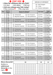 A sample disCARD catch card lists questions and check boxes for anglers to report released reef fish, including red snapper, cobia and greater amberjack, release reasons, fish fate and fishing depth.