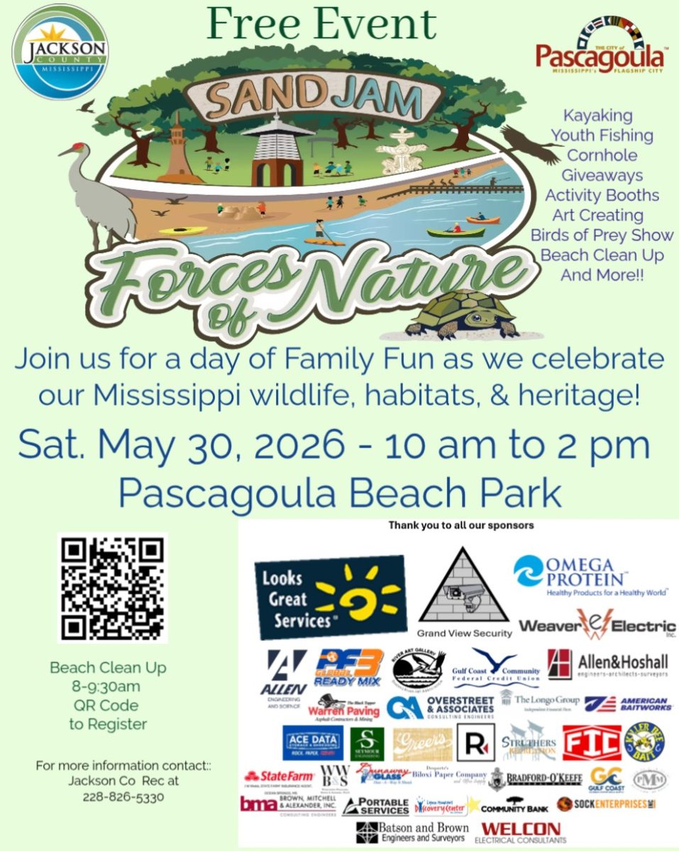 A green background graphic with a kayak illustration on the right side. On the left side, there is a graphic design of people conducting a beach cleanup. In the center of the two images, there are time slots for each activity.