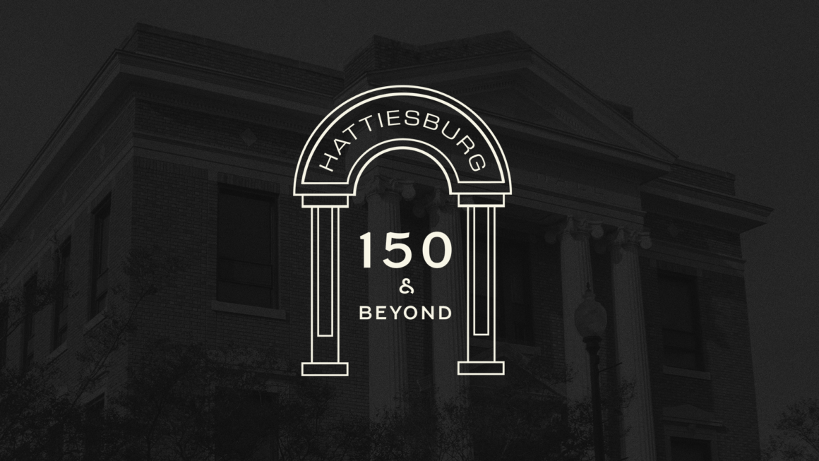 Logo for the city of Hattiesburg’s “Hattiesburg 150 and Beyond” comprehensive plan over a faded image of a courthouse-style building.