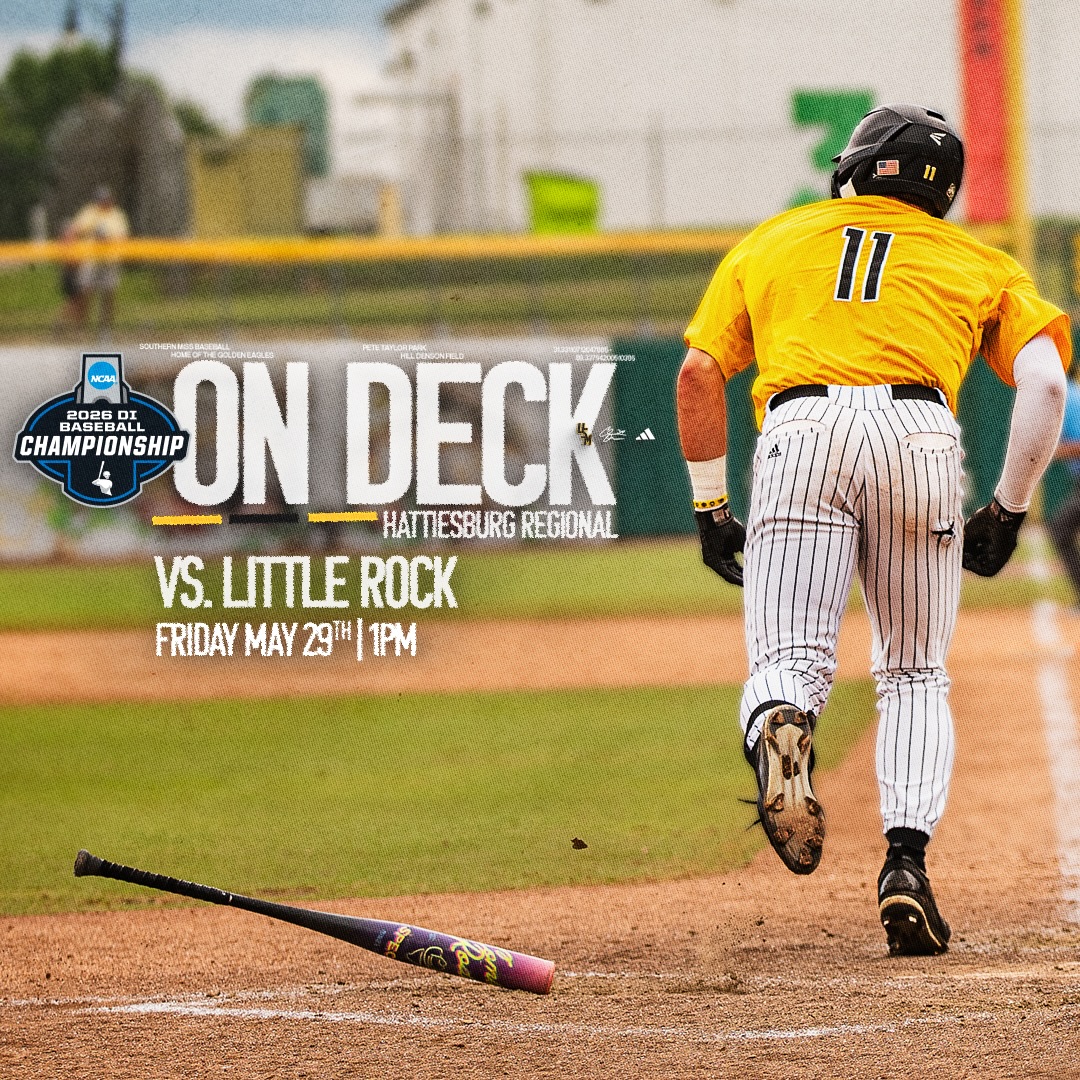 Baseball player leaving his bat at home plate next to text about Game 1 of the Hattiesburg Regional.