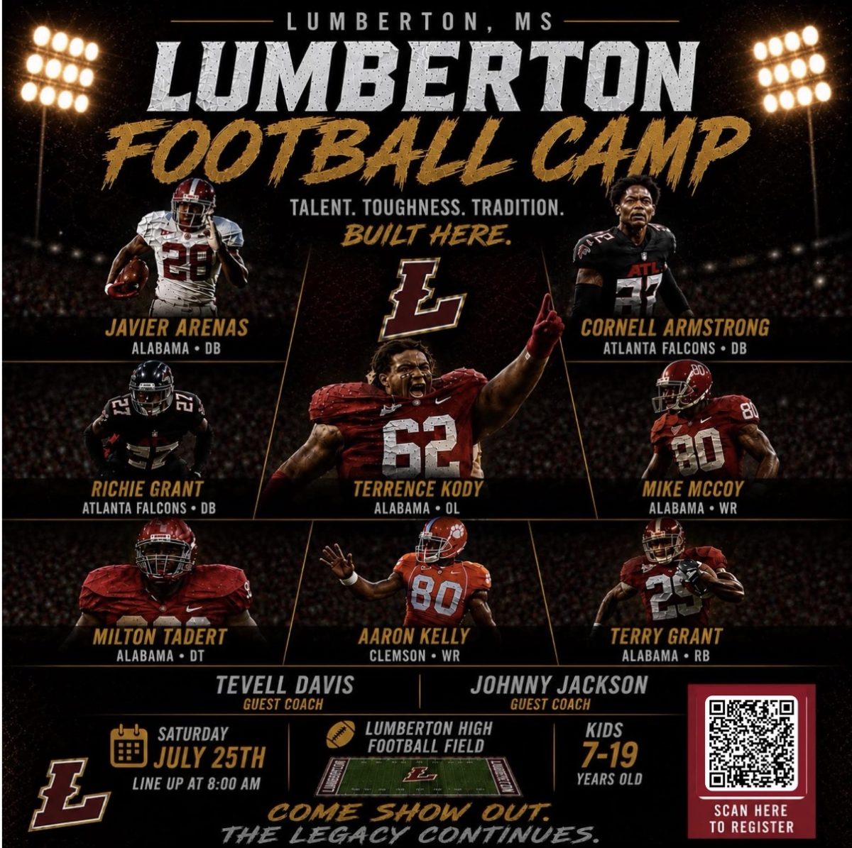 Promotional flyer for the Lumberton Football Camp in Lumberton, Mississippi, featuring images of former college and professional football players, camp details for Saturday, July 25, at Lumberton High School’s football field and a QR code to register.