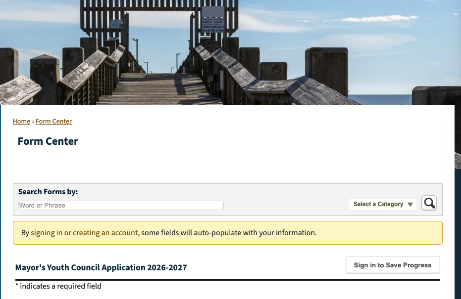 Screenshot of the Pascagoula Mayor’s Youth Council application portal, with a photo of a boardwalk at the top of the page.
