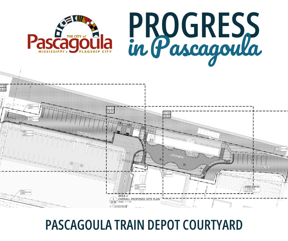 Graphic showing the Pascagoula logo, the words “Progress in Pascagoula,” and a site plan for the Pascagoula Train Depot Courtyard.