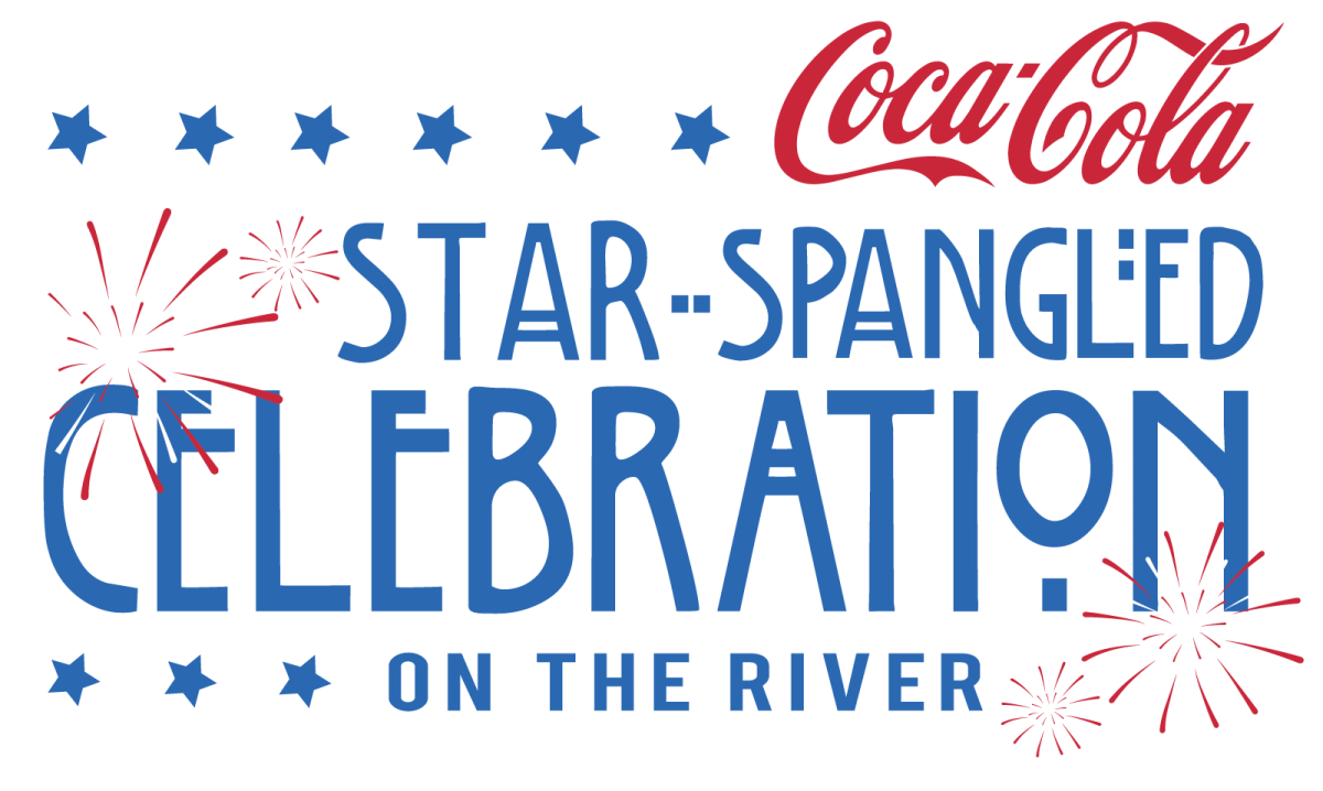 Logo for the Star-Spangled Celebration on the River featuring blue text, stars, fireworks and a Coca-Cola logo.