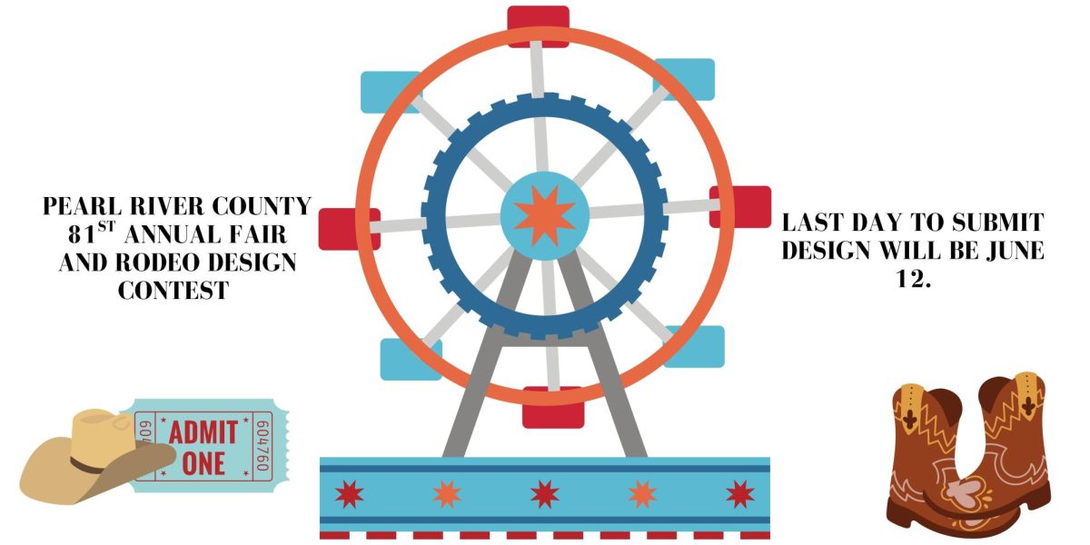 A graphic with a Ferris wheel, cowboy hat, admission ticket and cowboy boots promotes the Pearl River County 81st Annual Fair and Rodeo Design Contest and lists June 12 as the submission deadline.