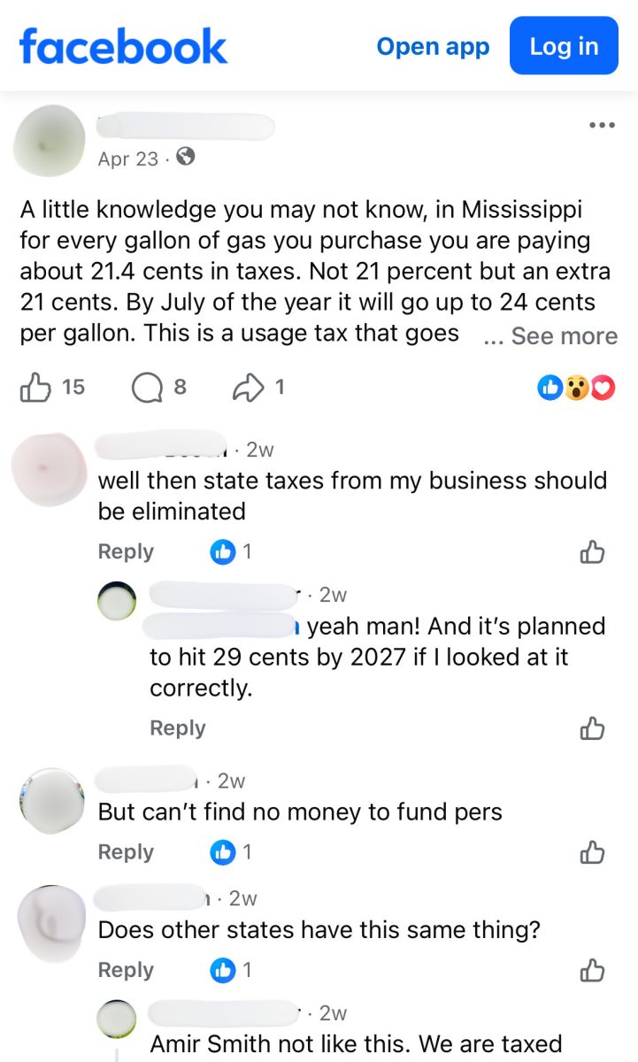Screenshot of a Facebook post about Mississippi gas taxes, showing comments from users discussing state taxes, gas tax increases and public funding.