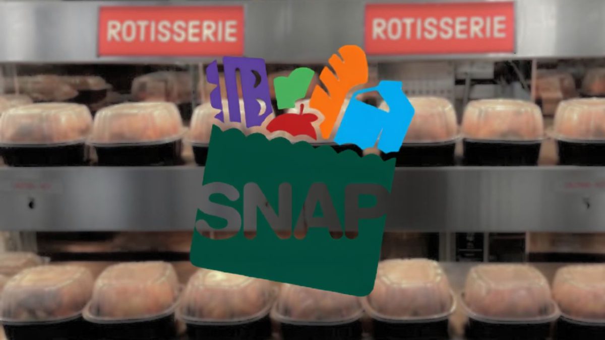 Illustration of a SNAP grocery bag in front of a grocery store rotisserie chicken display.