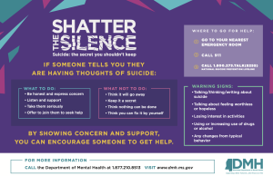 A purple Mississippi Department of Mental Health infographic titled “Shatter the Silence” lists warning signs of suicide, offers guidance on how to support someone in crisis and includes emergency resources, including 911 and the 988 Suicide & Crisis Lifeline.