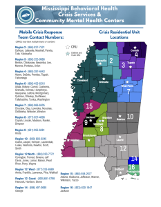 A color-coded map of Mississippi identifies behavioral health crisis service regions and lists phone numbers for mobile crisis response teams and community mental health centers.