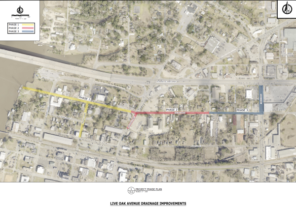 A project timeline graphic outlines the three phases of the Live Oak Drainage Improvement Project.
