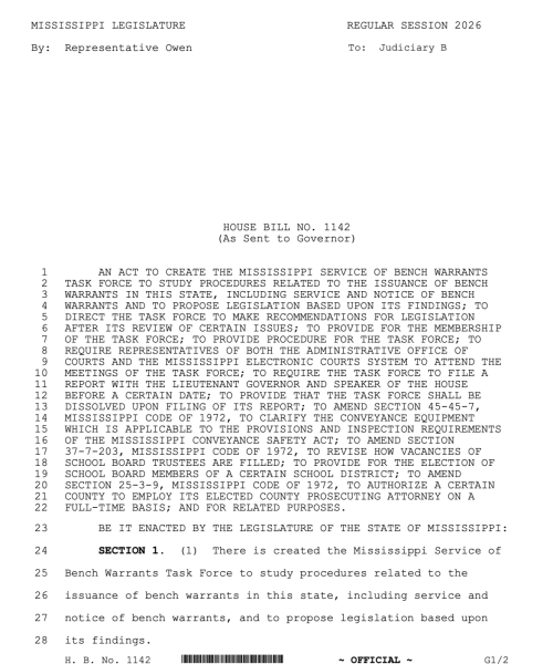 The first page of Mississippi House Bill 1142 is shown on a white background.