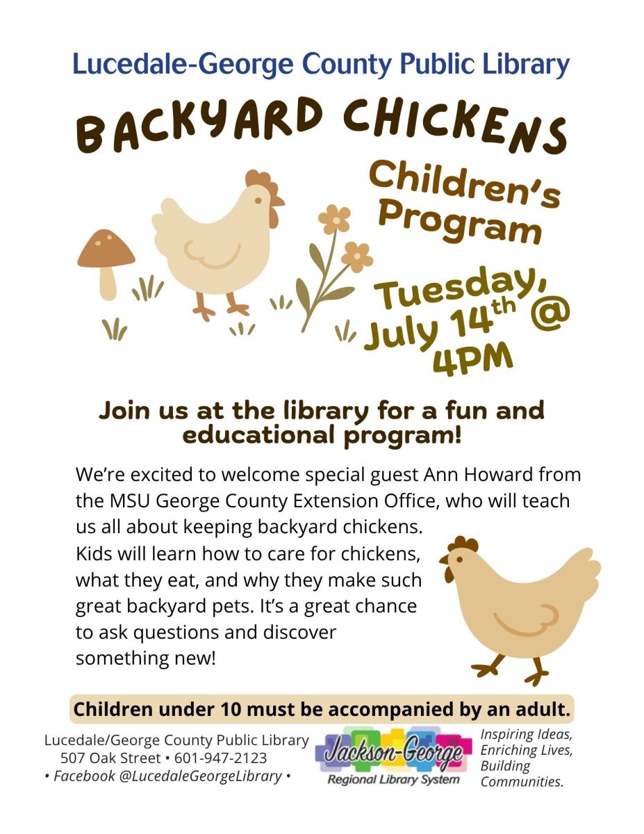 Flyer advertising a backyard chicken program at the Lucedale-George County Public Library on July 14 featuring Ann Howard from the MSU Extension George County Office.