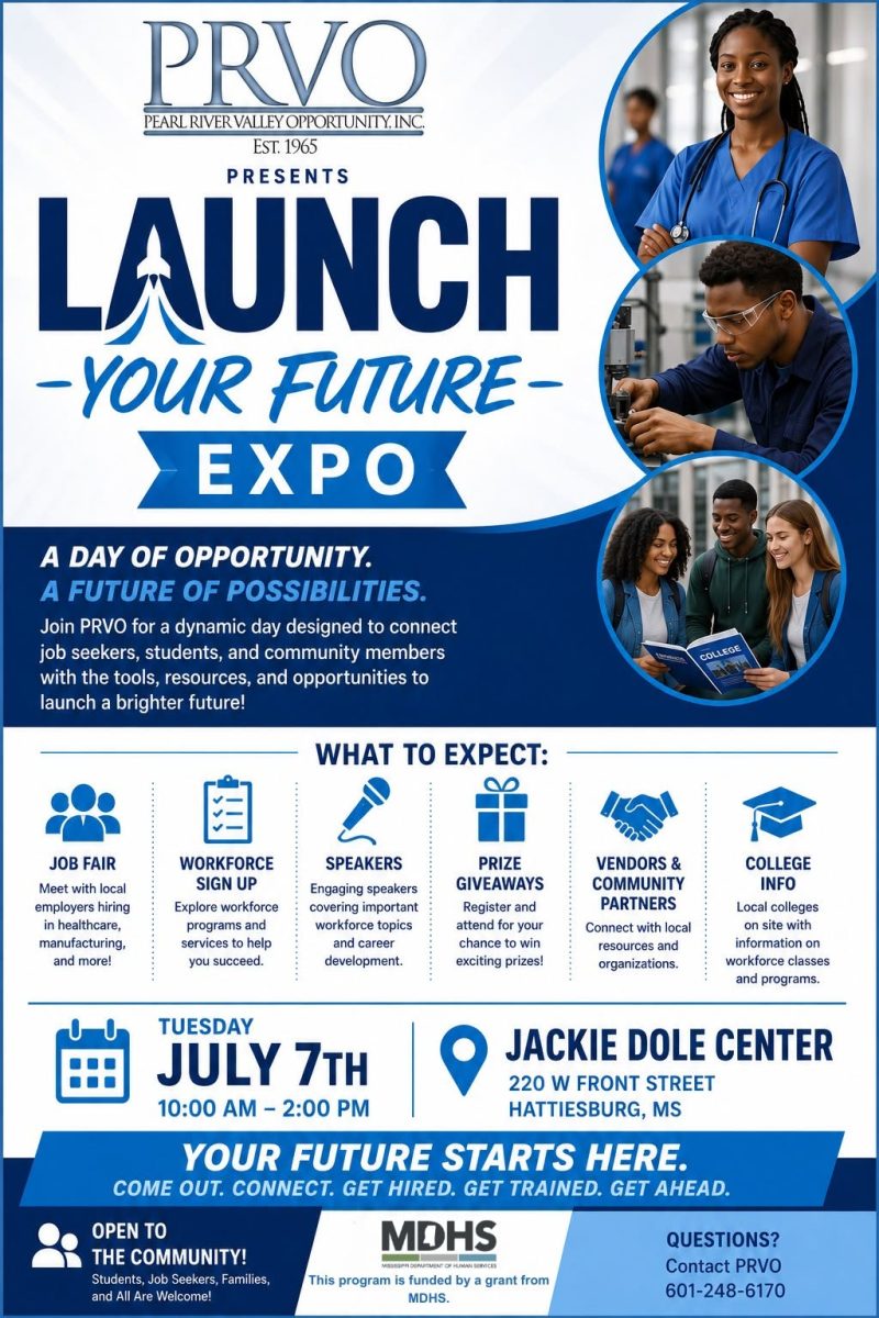 Flyer for the Pearl River Valley Opportunity “Launch Your Future Expo,” featuring individuals in different occupations and bold dark blue, blue and white lettering describing expectations.