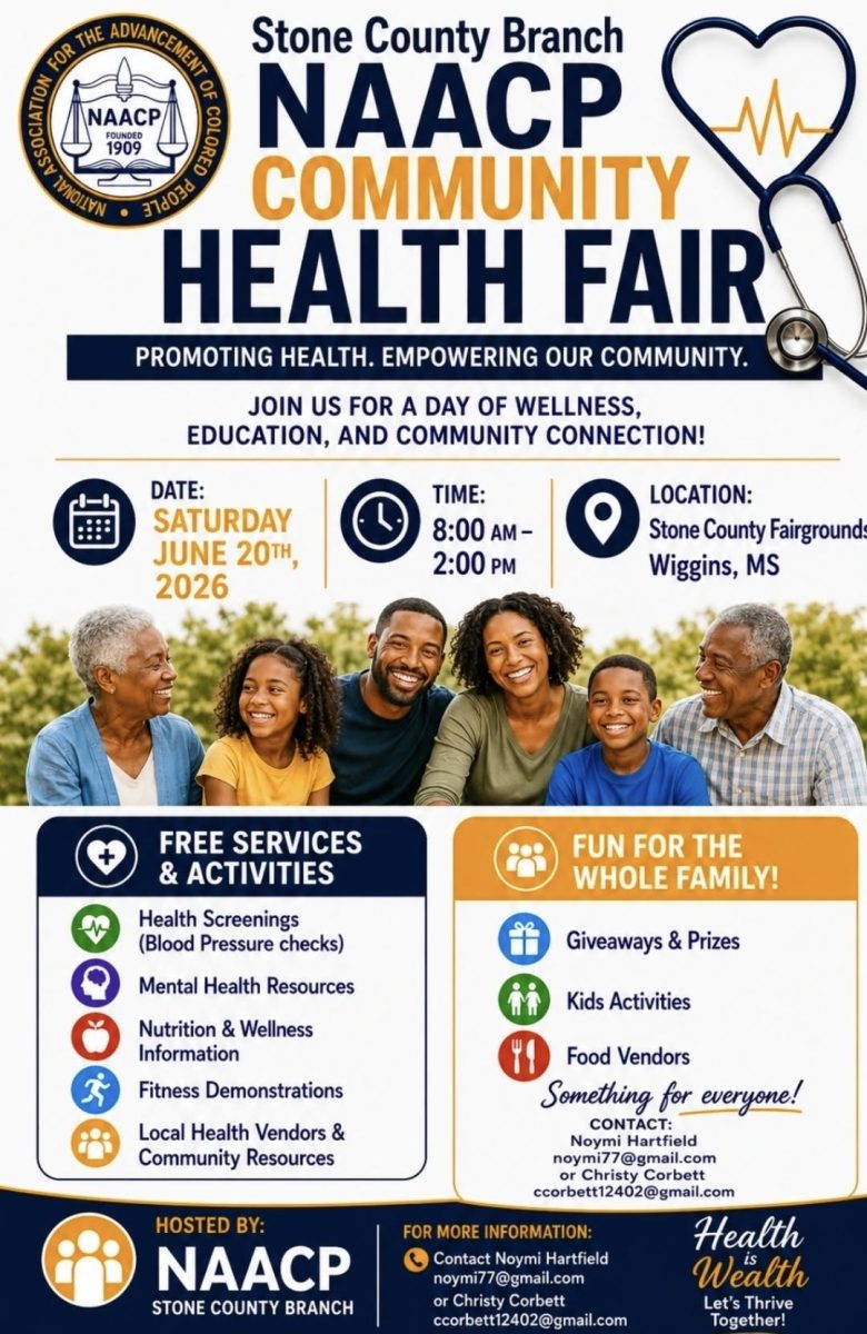 Flyer for the Stone County Branch NAACP Community Health Fair with the NAACP logo, a heart-shaped stethoscope, event details, a smiling family and lists of free health services and activities.