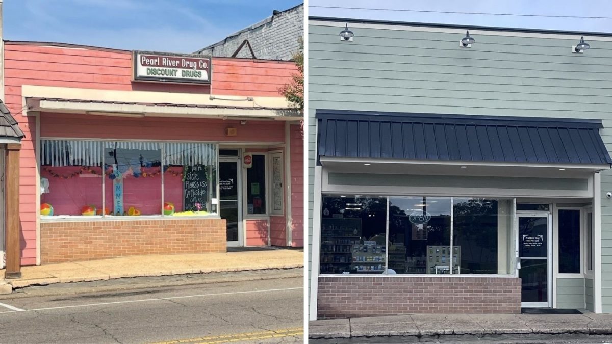 Side-by-side images show the Pearl River Drug and Soda Fountain storefront before and after renovations, changing from a pink exterior with an older sign to a gray exterior with a dark awning.