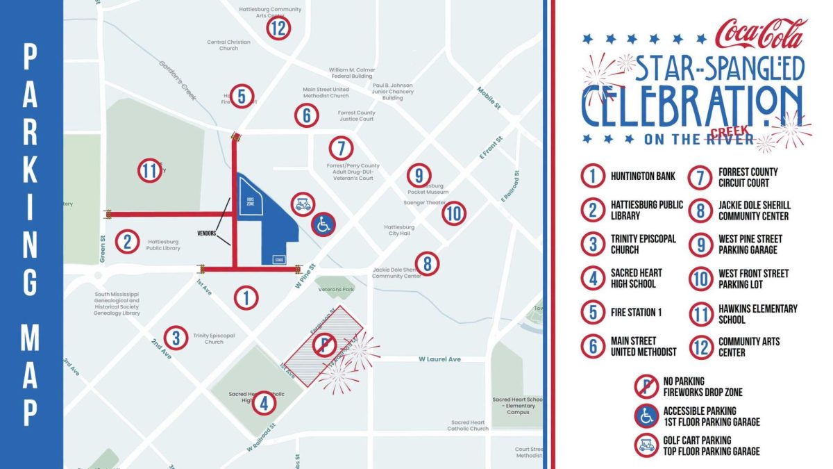 Map of parking and traffic plans for Hattiesburg’s Star-Spangled Celebration at The Commons at Gordon’s Creek. The map identifies 12 public parking, accessible parking in the West Pine Street parking garage, golf cart parking on the garage’s top floor, street closures along Hardy Street and West Pine Street, vendor and stage locations, the kids’ zone, and the designated fireworks drop zone where parking is prohibited.