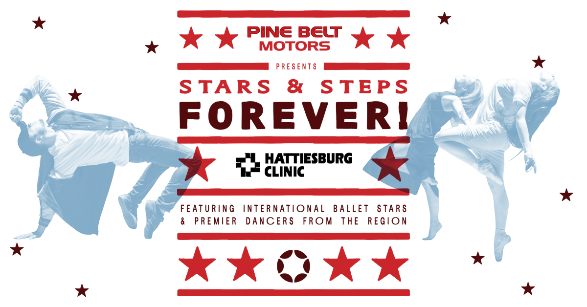 Promotional graphic with blue-tinted images of three dancers around red stars, red stripes and text reading “Stars & Steps Forever!”