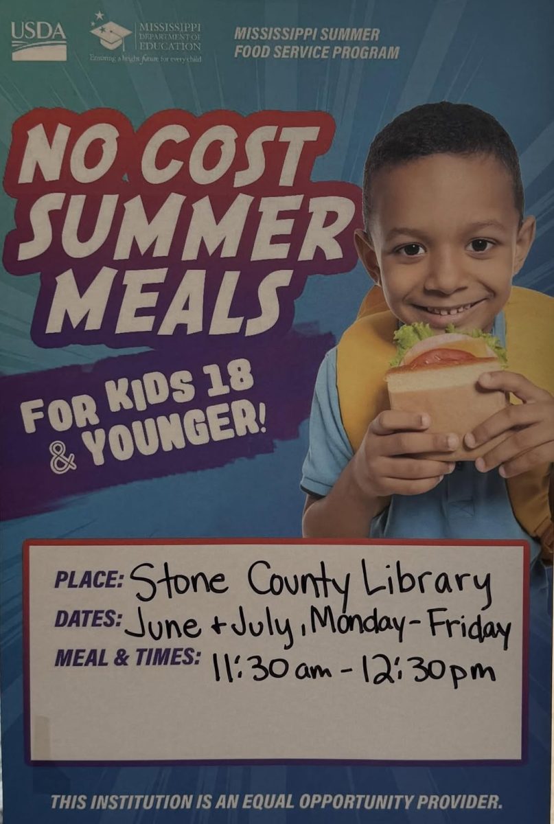 A blue flyer for no-cost summer meals shows a child holding a sandwich, with handwritten details listing Stone County Library as the location and meals from 11:30 a.m. to 12:30 p.m. Monday through Friday in June and July.