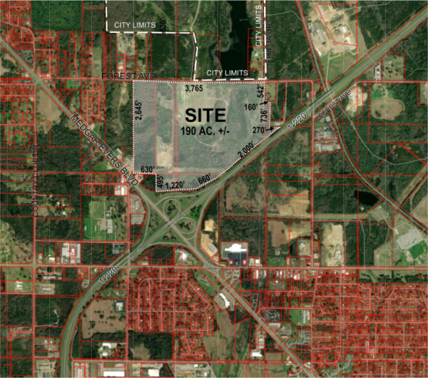 A zoning map shows the proposed location of a 230-acre data center complex in northwest Jackson, Mississippi.