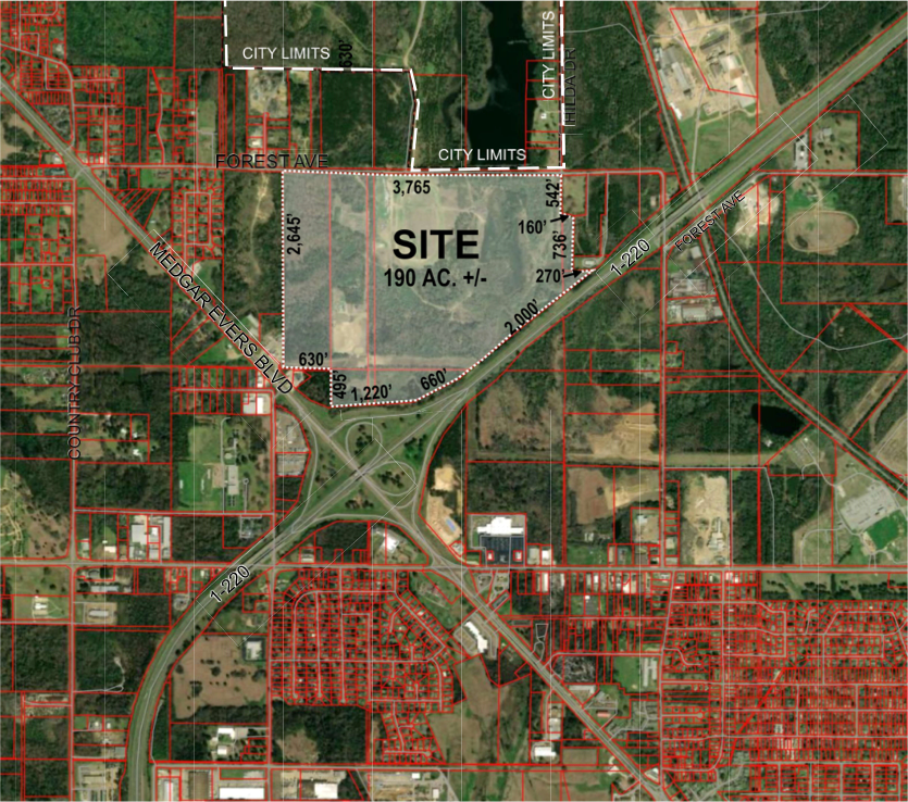 A zoning map shows the proposed location of a 230-acre data center complex in northwest Jackson, Mississippi.