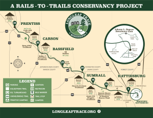 Map of the 44-mile Longleaf Trace showing the trail route from Hattiesburg to Prentiss, including trailheads, restrooms, parking areas and other amenities.