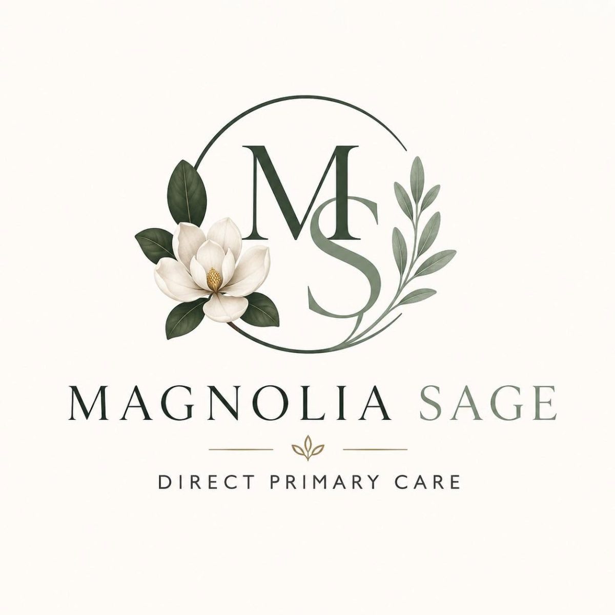 White background with the letters “MS” in bold inside a thin circular outline with a magnolia blossom, green leaves and a sage sprig. Below, the text reads “MAGNOLIA SAGE” above the words “DIRECT PRIMARY CARE.”