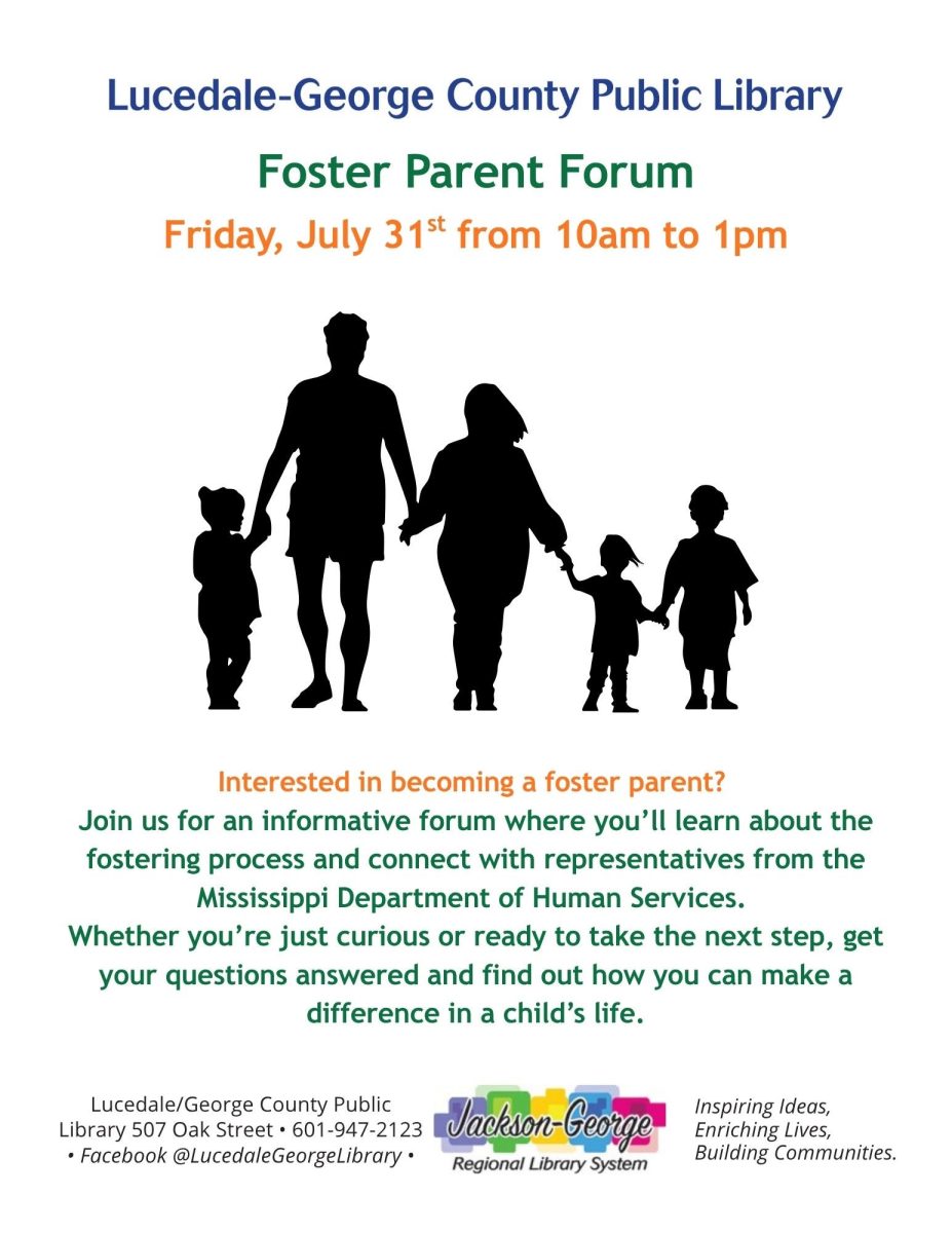 Flyer promoting the Foster Parent Forum. The flyer features a family holding hands and includes the event's date, time and location in blue, green and orange text.